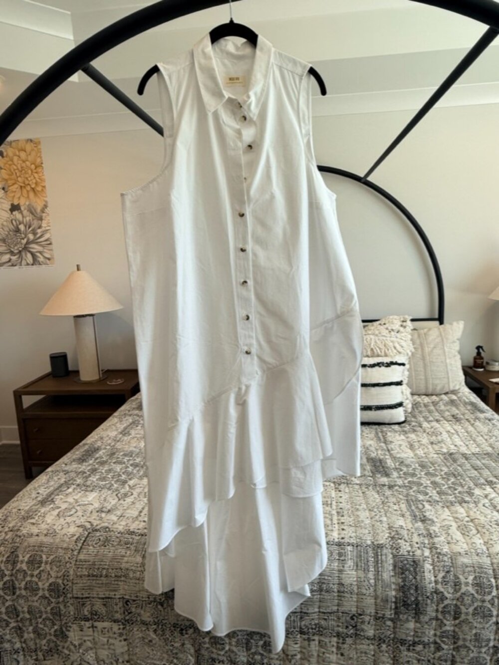 By Anthropologie Sleeveless Buttondown Asymmetrical Ruffle-Hem Dress, White - Picture 8 of 10